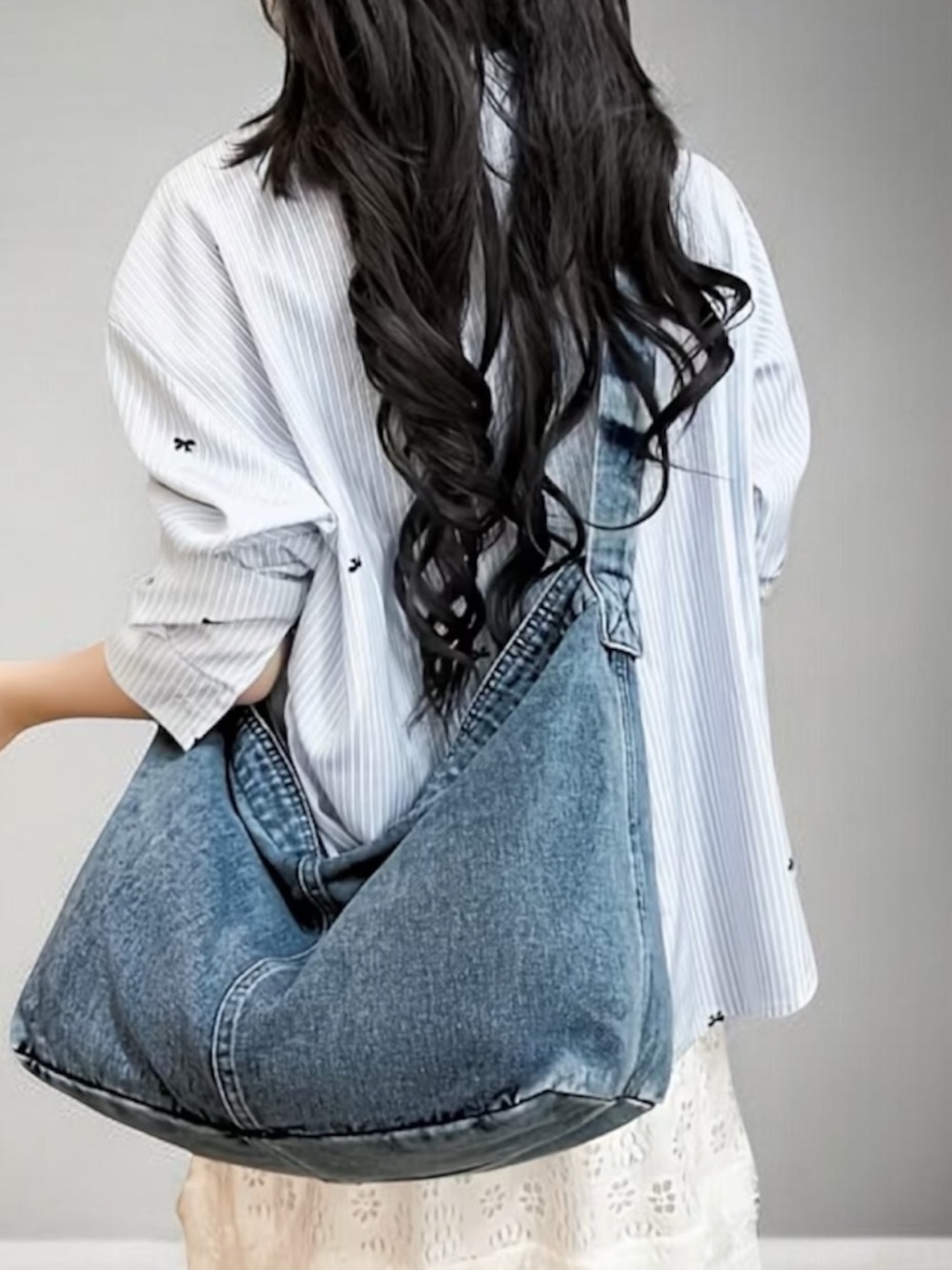 Medium blue Denim Crossbody Hobo Bag - Blue
